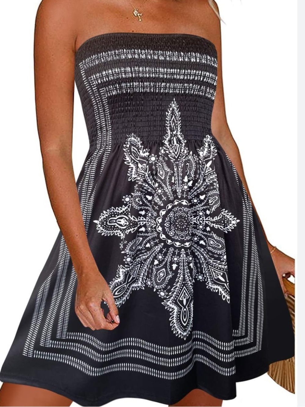Black Strapless Smocked Midi Dress with White Paisley Print
